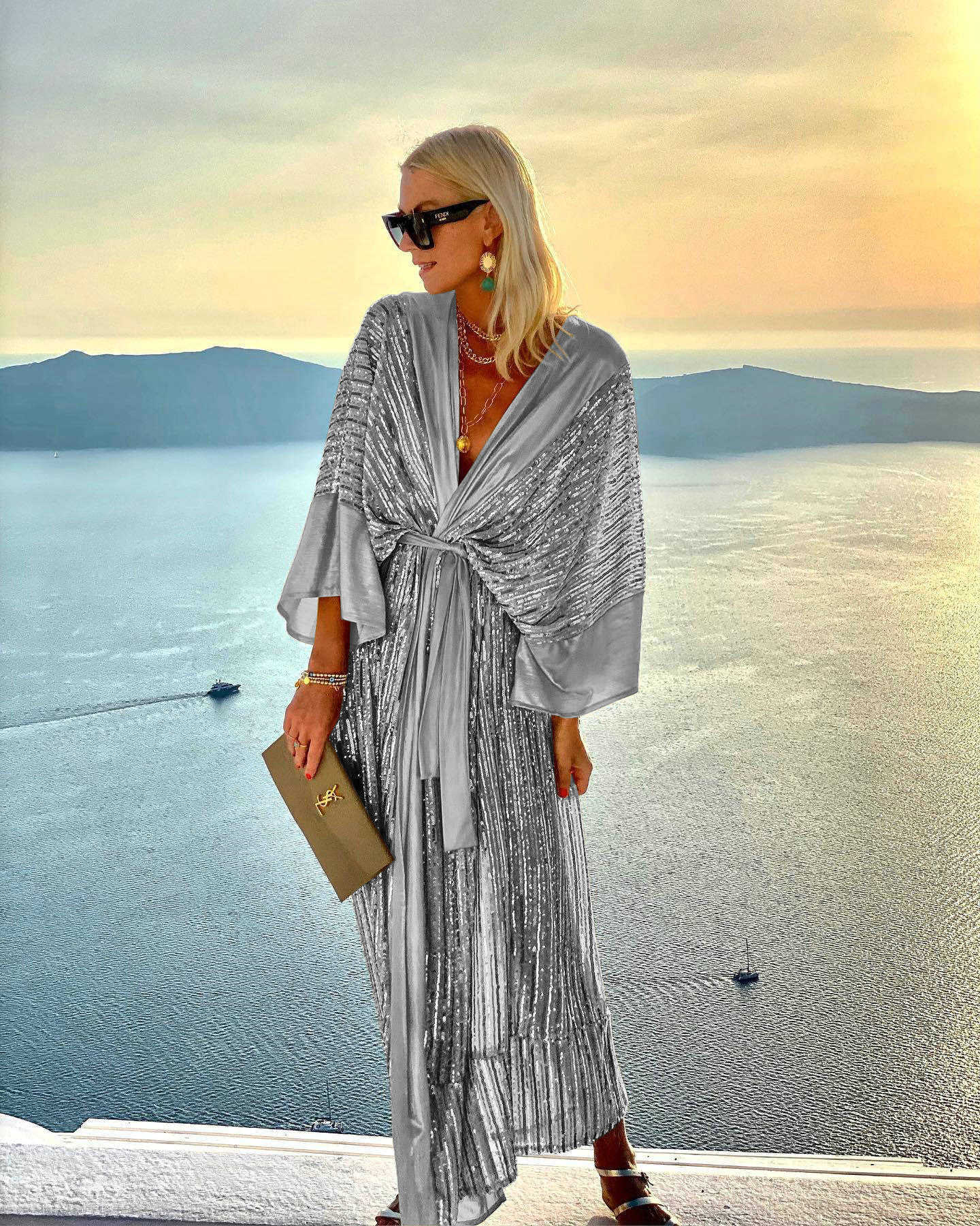 Casual Dresses 2023 Cover Up Women Bohemian Maxi Long Kimono Tunic Cape Beach Dress Fashion Vintage Sequin Sleeve Cardigan Holiday Party Gold W0315