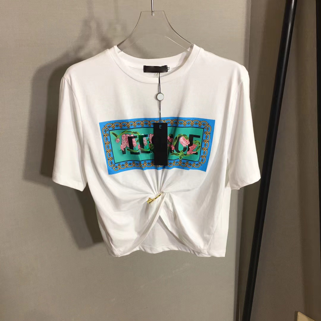 23 Designers T-shirts Fashion T Shirts Women Chest Letter flower printing Shirt Streets ladies top short sleeved T-shirt Collect waist Tops streetwear Tees dress S-L