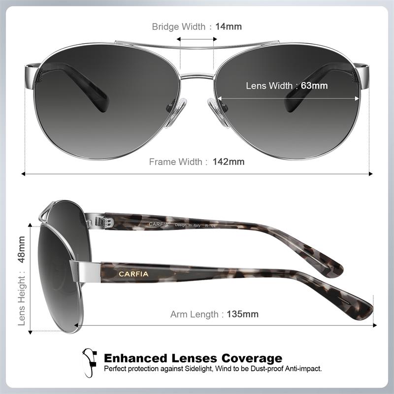 Carfia Polarized Sunglasses for Men - Wrap Around Metal Frame & Italian Acetate Arms Pilot Glasses