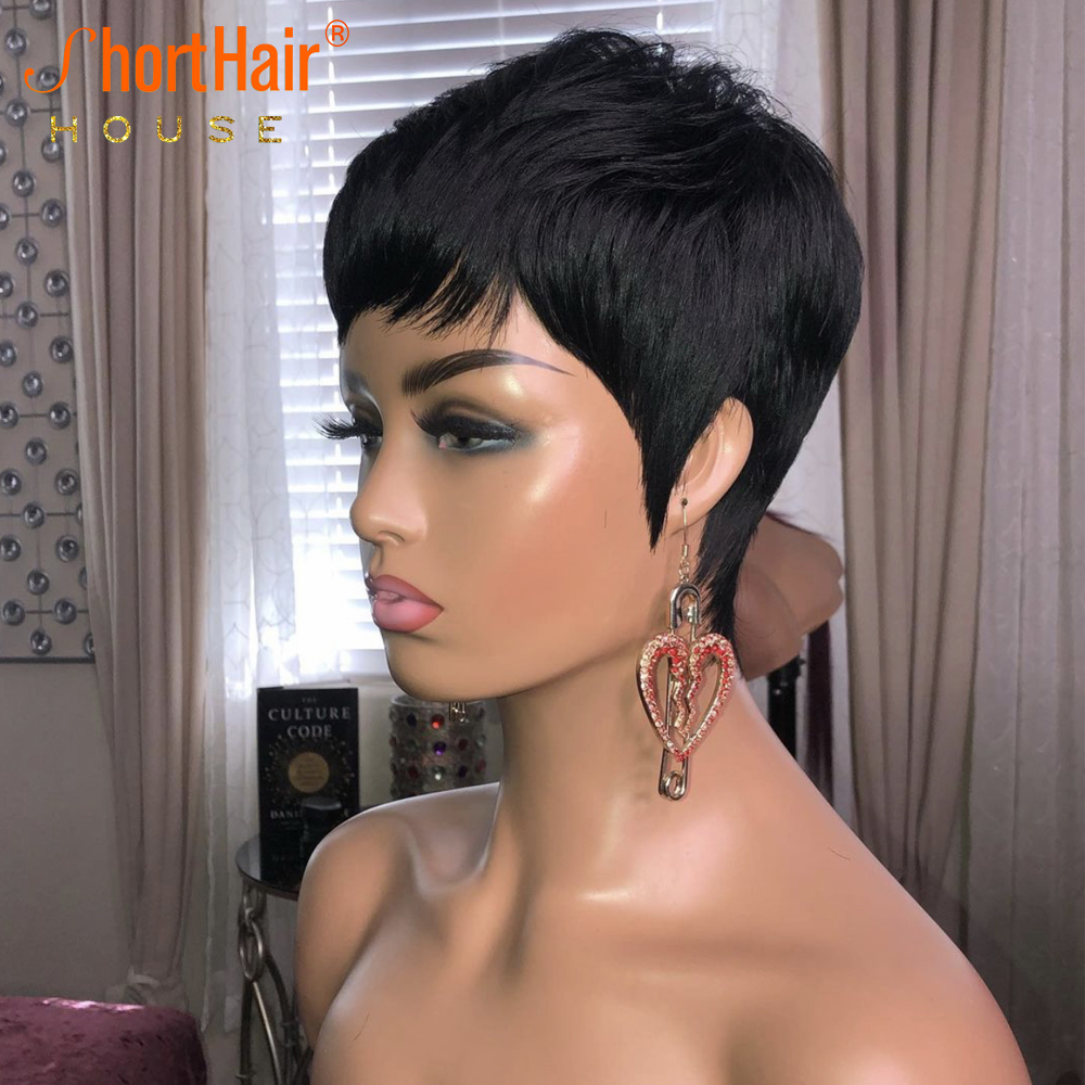 100% Human Hair Pixie Short Cut Bob Wig with Bangs Brazilian Straight Full Lace Front Orange Wig for Black Women