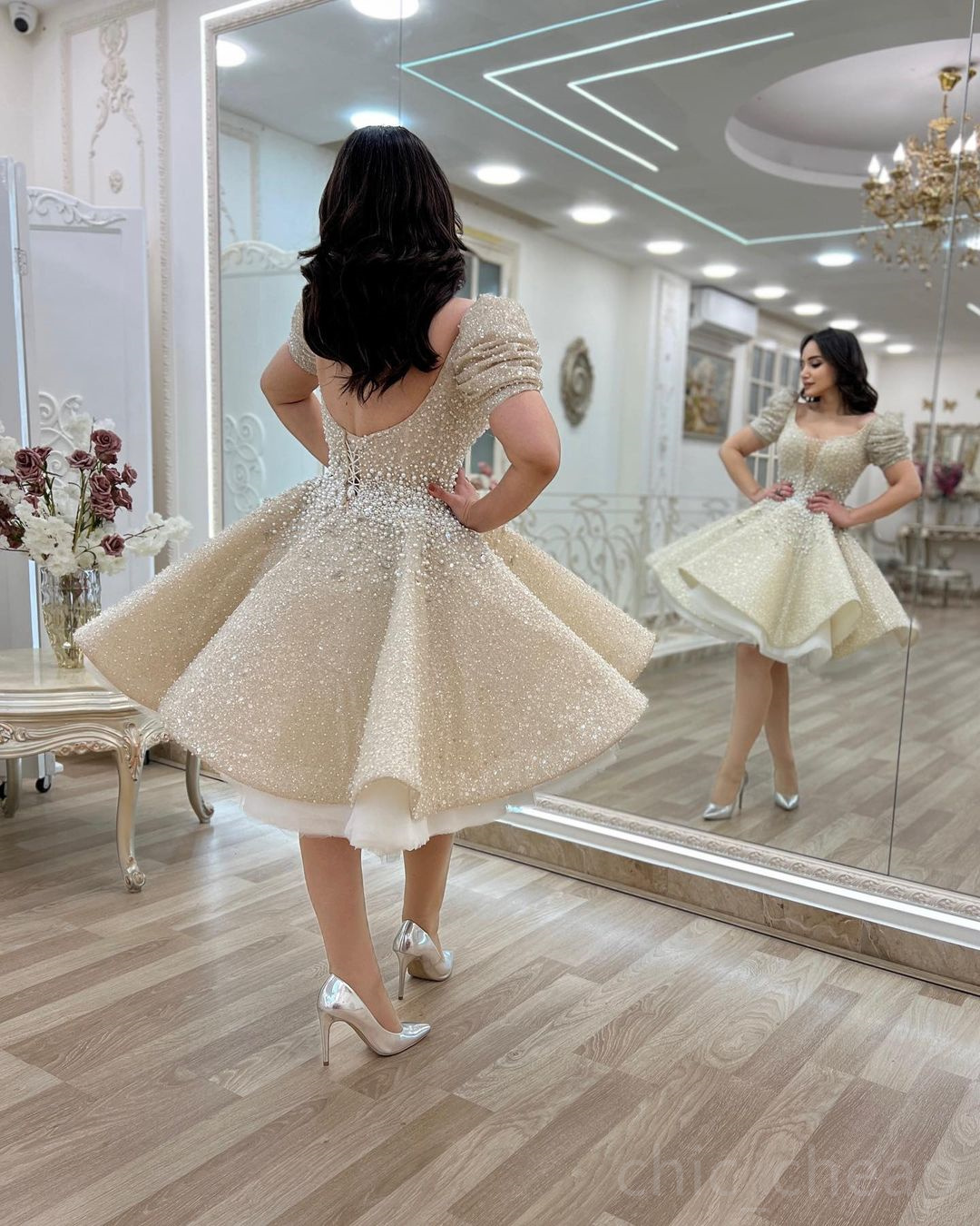 Beaded Crystal Wedding Dress: 2025 Arabic Aso Ebi, Sequined Lace A-Line Short Summer Beach Bridal Gown