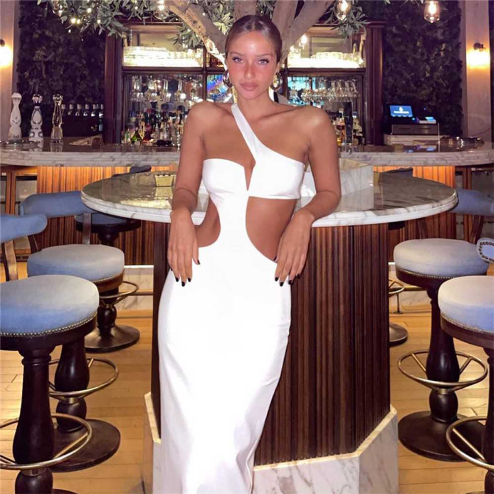 Casual Dresses White Long Summer Dress Women Sexy Cut Out Slim Evening Party Dress Fashion One Shoulder Vacation Beach Maxi Dresses 2023 New 0315H23
