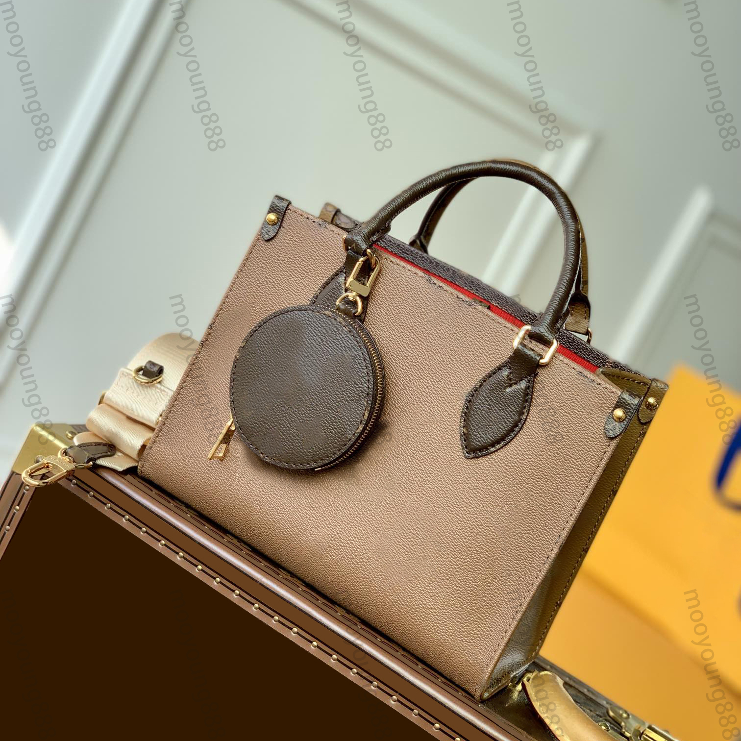 12A Upgrade Mirror Quality Designer Onthego PM Tote Bag 25cm Womens Small Handbag Luxury Reverse Canvas Shopping Bag Crossbody Shoulder Strap Box Bag With Coin Purse