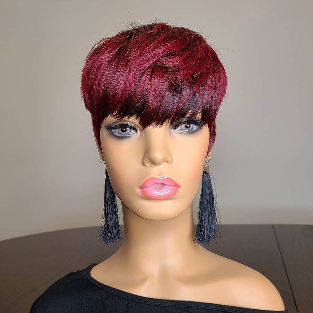 Short Black Pixie Cut Human Wigs Women Colored Lace Cheap Blonde 613 Ombre Brown Brazilian Remy Hair Wig With Bangs