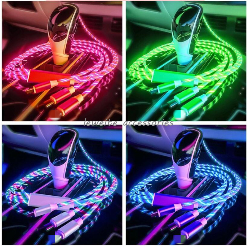 

3 in 1 LED Flowing Light Type C Cables Charging Line 2A Micro USB Cable 3A Fast Chargers Cord 120cm, Multicolor