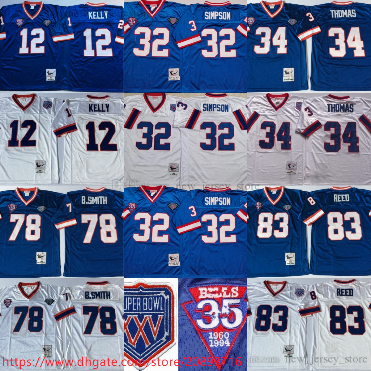 NCAA Throwback 32 OJ Simpson Football Jerseys Retro Stitch 12 Jim Kelly 34 Thurman Thomas 78 Bruce Smith 83 Andre Reed Jersey College Blue White