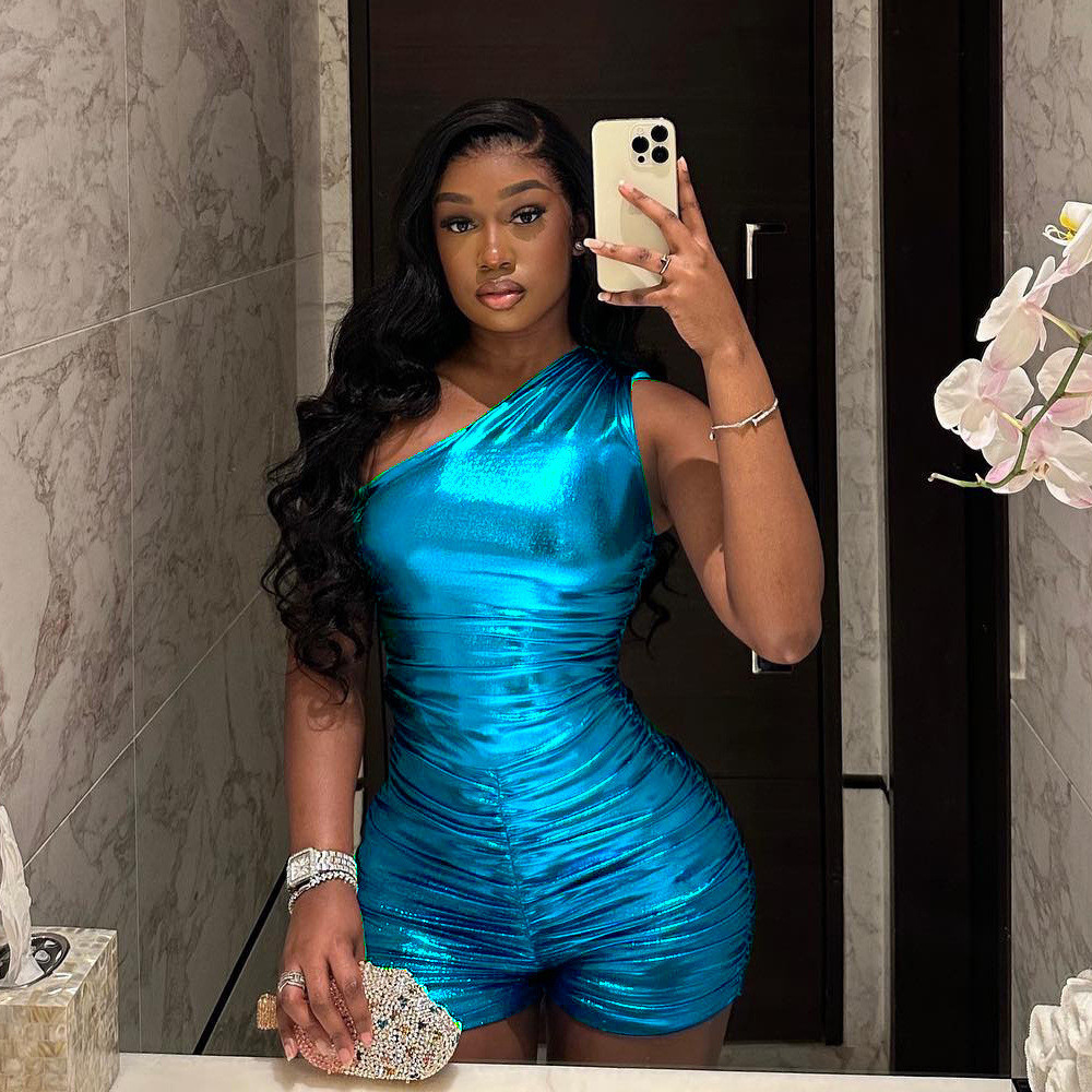 2023 Designer Summer Rompers Women Sleeveless Inclined Shoulder Jumpsuits Fashion Solid Bright Bodycon Playsuits One Piece Overalls Wholesale Clothes 