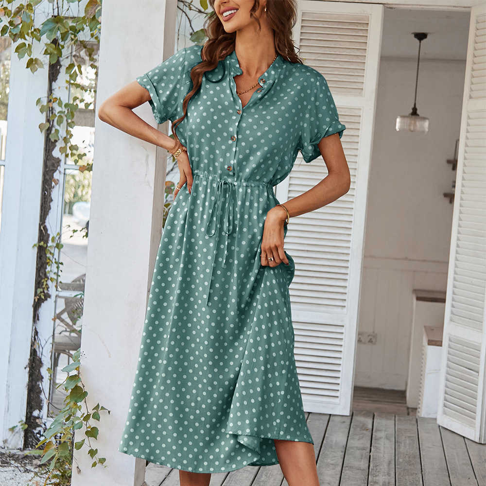 Casual Dresses Ladies Polka Dot Print Shirt Dress Women Casual Midi Holiday Summer Dress Female Loose Women Beach Dress Sundress Robe Vestidos W0315