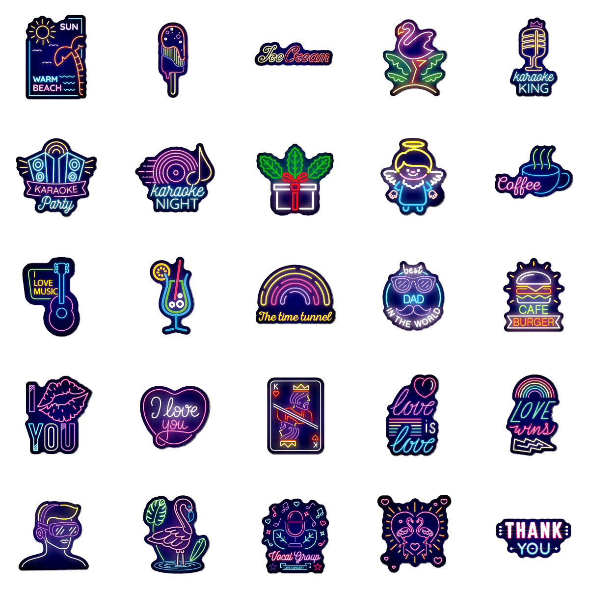 50pcs Neon Light Stickers Waterproof Car Decals Suitable for Graffiti Skateboard Snowboard Laptop Luggage Motorcycle Bike Home Decal Gifts for Kids
