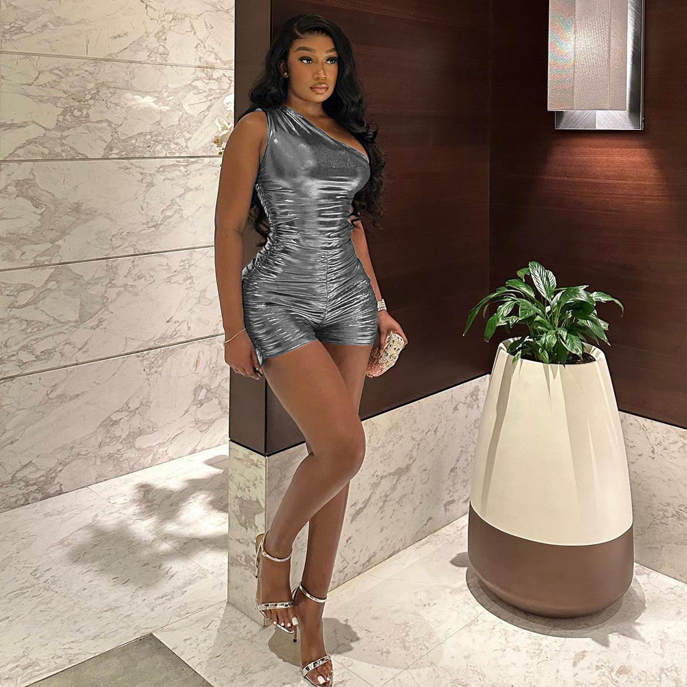2023 Designer Summer Rompers Women Sleeveless Inclined Shoulder Jumpsuits Fashion Solid Bright Bodycon Playsuits One Piece Overalls Wholesale Clothes 