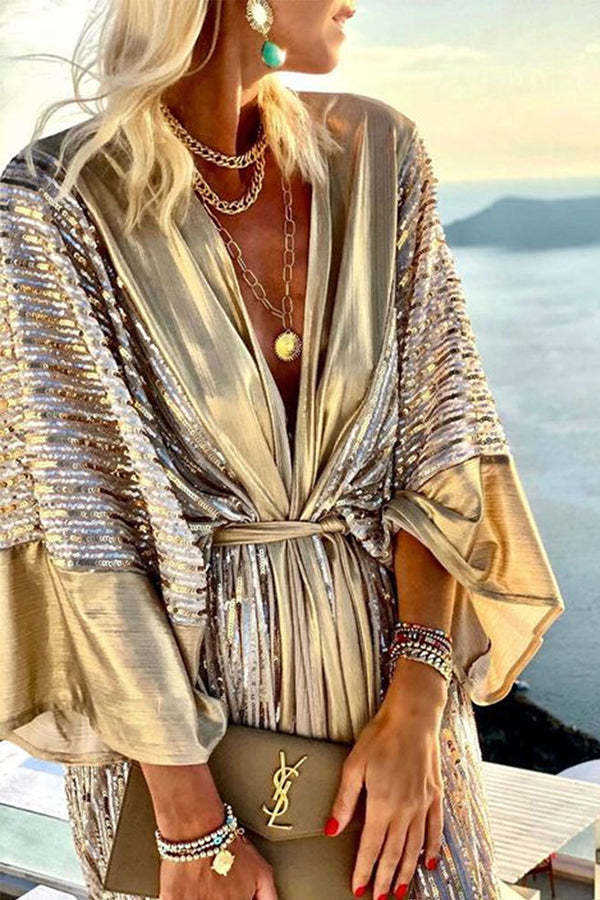 Casual Dresses 2023 Cover Up Women Bohemian Maxi Long Kimono Tunic Cape Beach Dress Fashion Vintage Sequin Sleeve Cardigan Holiday Party Gold W0315