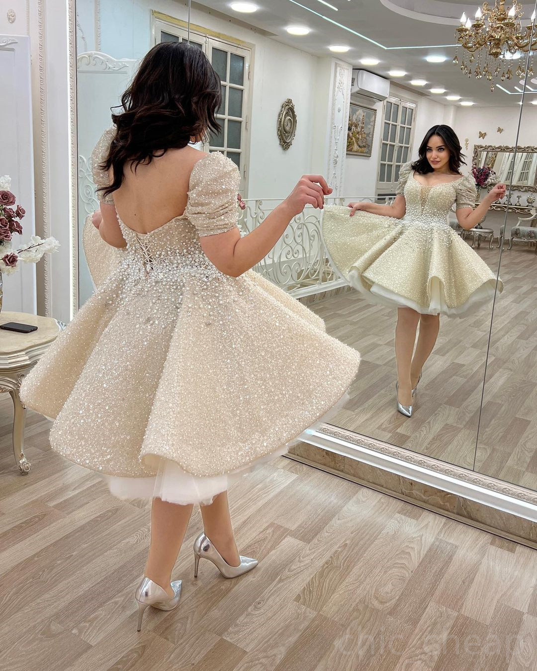 Beaded Crystal Wedding Dress: 2025 Arabic Aso Ebi, Sequined Lace A-Line Short Summer Beach Bridal Gown