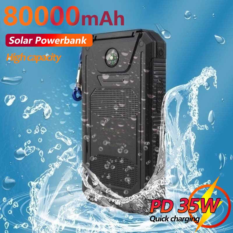 80000mAh Solar Power Bank Portable Waterproof External Battery with SOS LED Light Travel Powerbank for Xiaomi Iphone Samsung