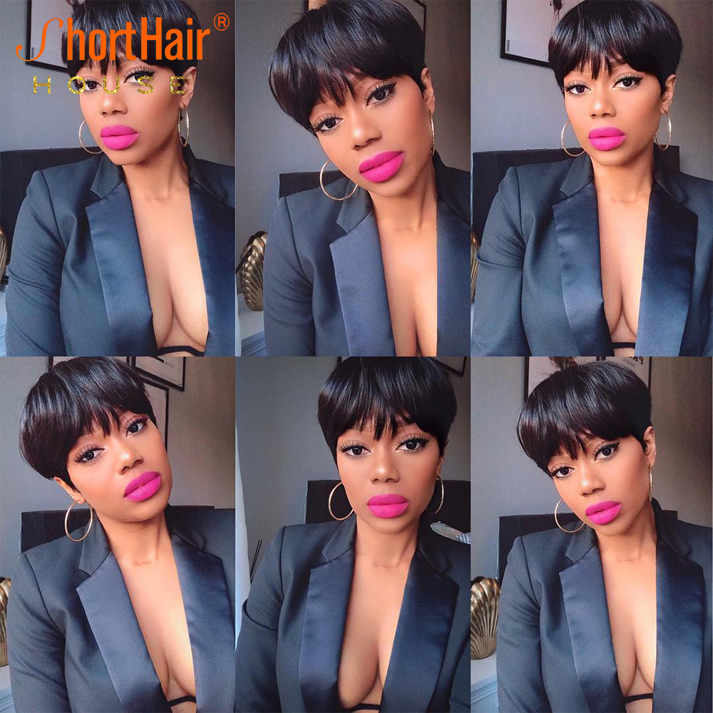 100% Human Hair Pixie Short Cut Bob Wig with Bangs Brazilian Straight Full Lace Front Orange Wig for Black Women