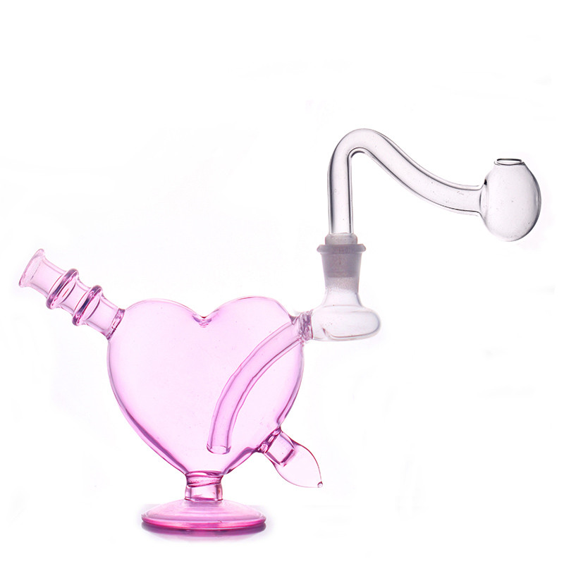 Lovely Cute Pink Heart Mini 10mm female glass oil burner pipe Valentine's Day Gift water dab rig bong for smoking