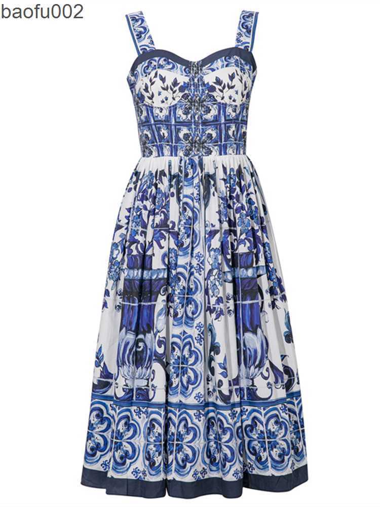 Casual Dresses Summer Hoiday Blue And White Porcelain Flower Printing Cotton Dress Women Spaghetti Strap Zipper Elastic Backless Midi Vestidos W0315