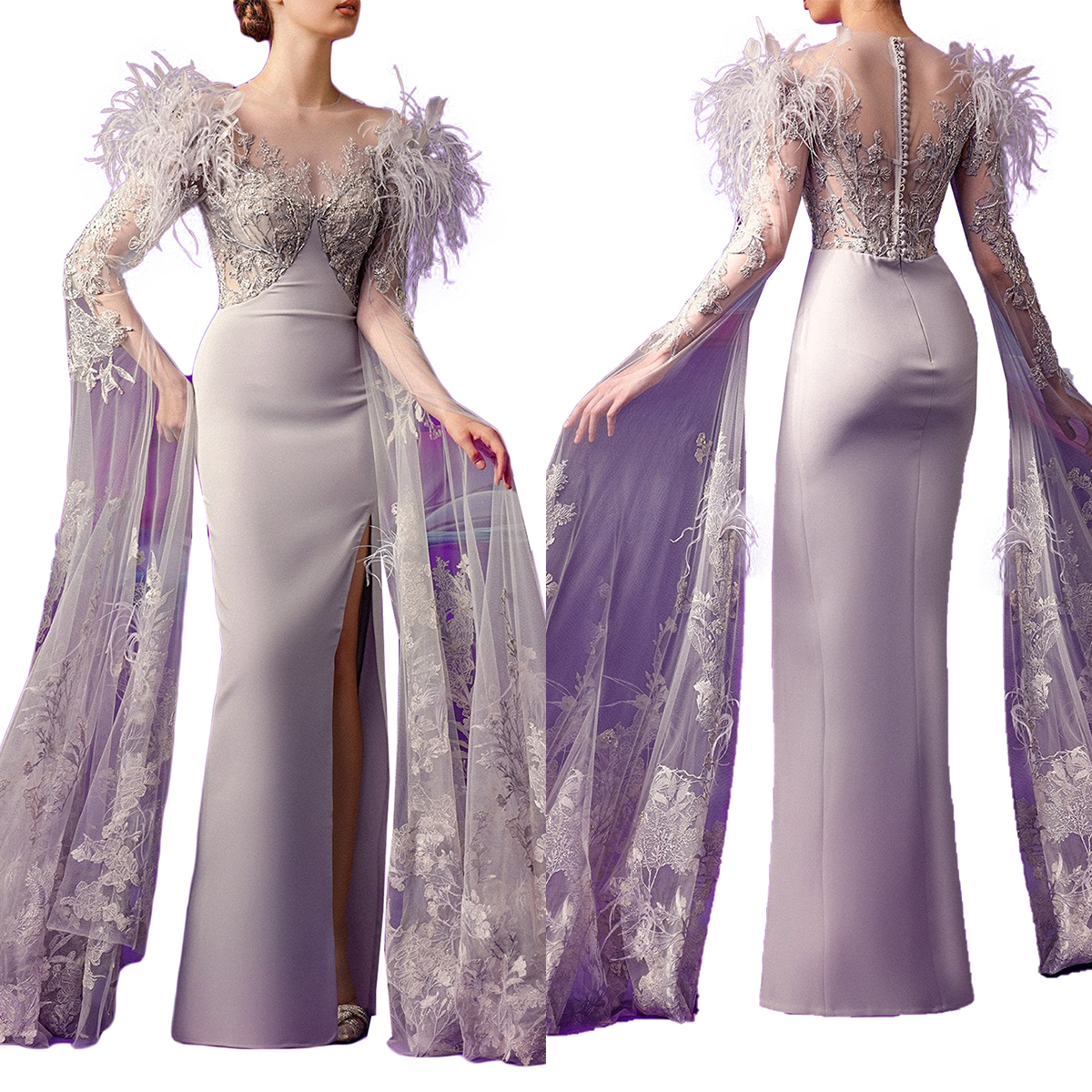 Dresses Mermaid Prom Jewel Long Sleeves Feathers Applicants Or Length Side Split Plus Size Custom Made Party Dress Vestido De Noite