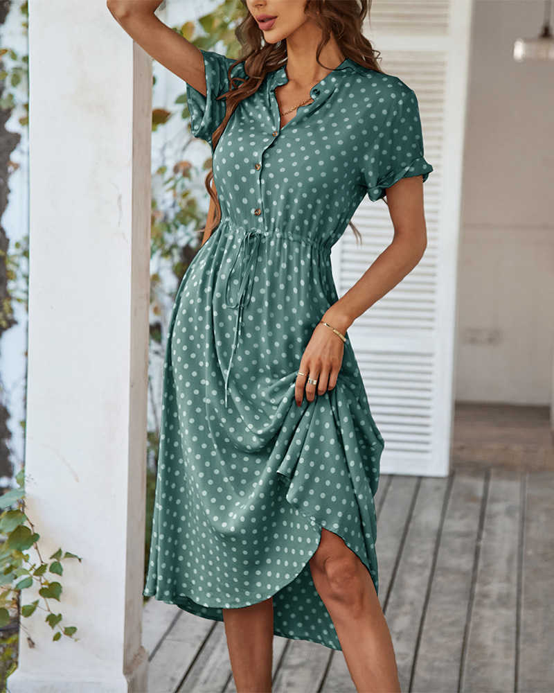 Casual Dresses Ladies Polka Dot Print Shirt Dress Women Casual Midi Holiday Summer Dress Female Loose Women Beach Dress Sundress Robe Vestidos W0315