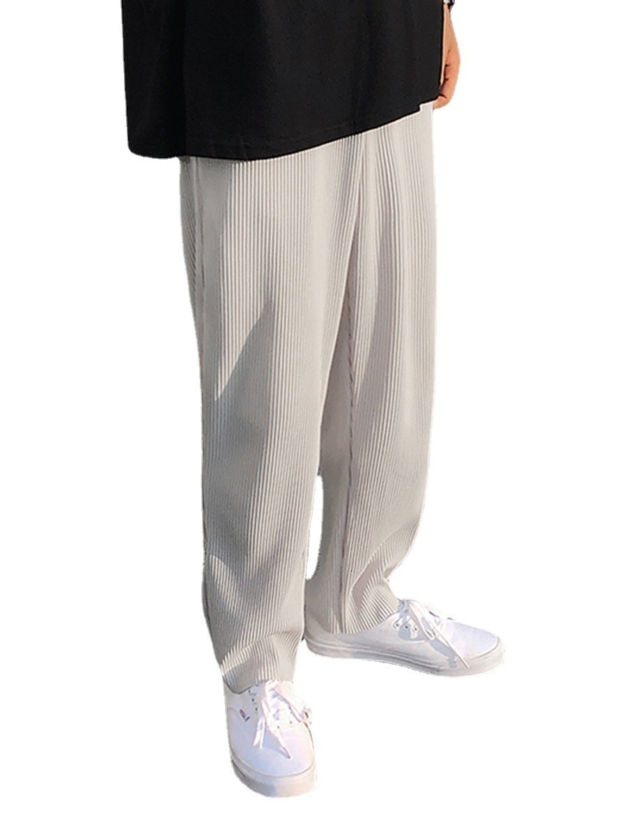 Men's Pleated Straight Pants Elastic Waist Casual Streetwear Loose Trousers Twill Grey Spring Summer