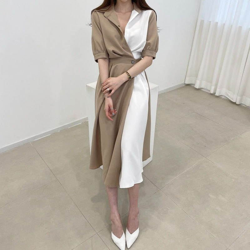 Casual Dresses Short Puff Sleeve Dress Women Patchwork Fashion Turn Down Collar Simple Korean Style Mid-calf Tunic Female All Match Ins 230316