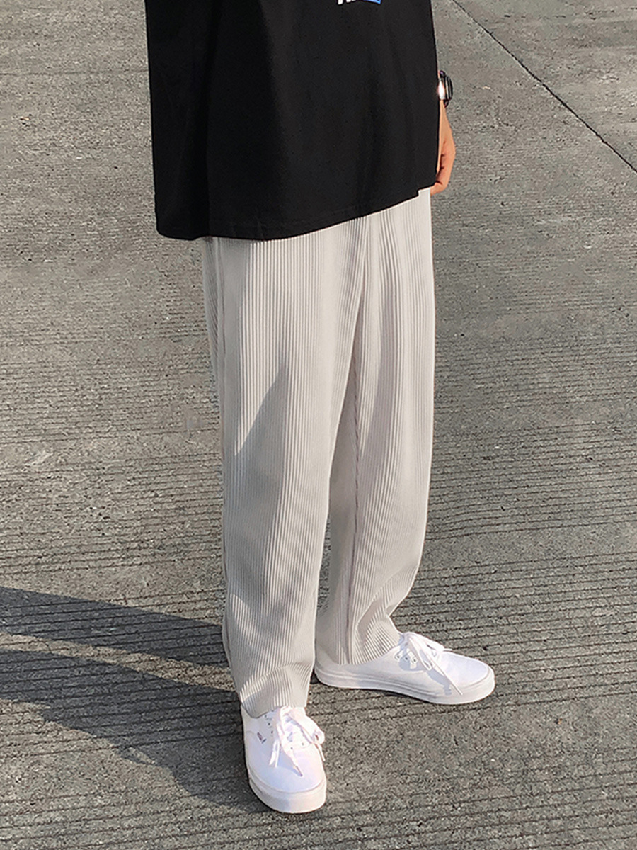 Men's Pleated Straight Pants Elastic Waist Casual Streetwear Loose Trousers Twill Grey Spring Summer