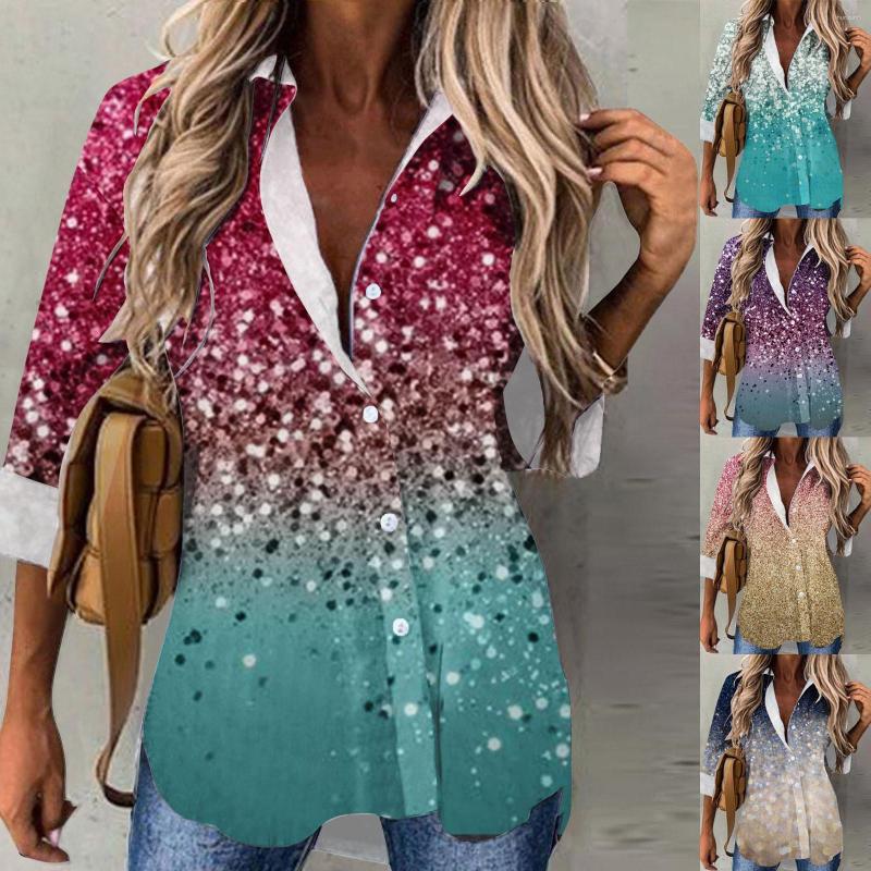 Women's Blouses Women Length Casual Spring And Summer Shiny Printed Long Sleeved Lapel Button Shirt 3/4 Sleeve Shirts For, Blue
Women's Blouses Women Length Casual Spring And Summer Shiny Printed Long Sleeved Lapel Button Shirt 3/4 Sleeve Shirts For, Blue