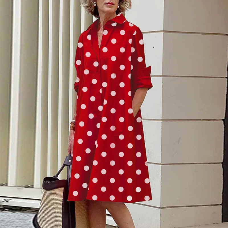 Casual Dresses Women Solid Shirt Dress Summer Fashion Casual Turn-down Collar Pocket Long Sleeve Midi Dresses Female Sexy Dot Dresses Vestidos 230316