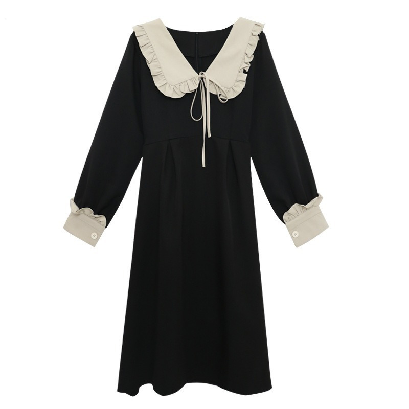 Casual Dresses Black Sailor Collar Button Lace Stitching Casual Dress Women Shirt Long Sleeve Midi Dress Ladies High Waist Slim Elegant Dress 230316