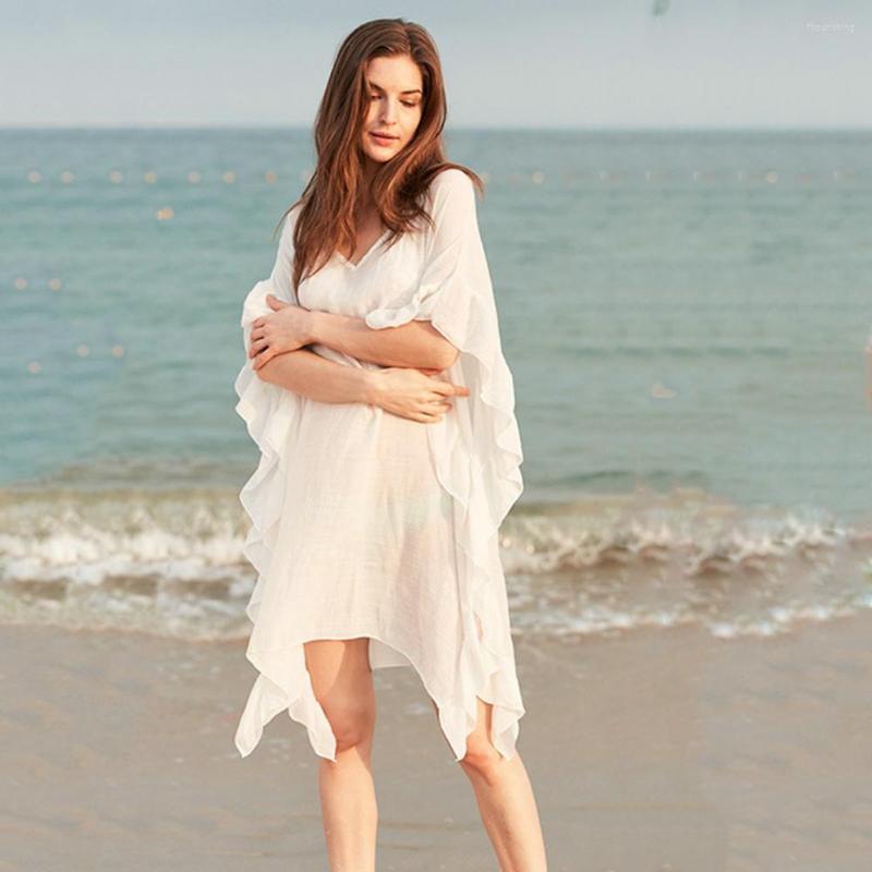 Women's Swimwear Cover Up Half Sleeve Ruffle Trim Irregular Hem Batwing Version Sunscreen Dress Summer See-through Thin Beachwear, White
Women's Swimwear Cover Up Half Sleeve Ruffle Trim Irregular Hem Batwing Version Sunscreen Dress Summer See-through Thin Beachwear, White