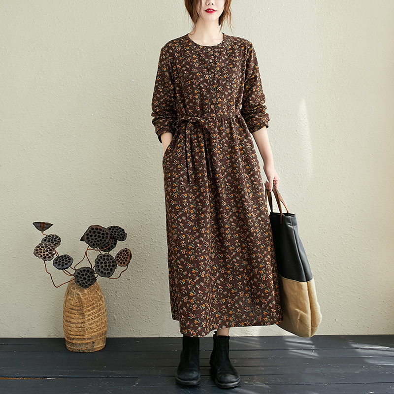 Casual Dresses Autumn Winter Women Dress Vintage Floral Long Sleeve O-neck Casual Loose Office Ladies Fashion Dresses Robe For Woman 230316