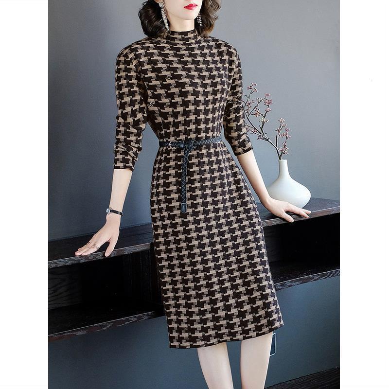 Casual Dresses Casual Dress For Women Female Knitting Clothes For Srping Autumn Turtleneck Plaid Thicken Slim Knee-Length Bottom Vestidos 230316