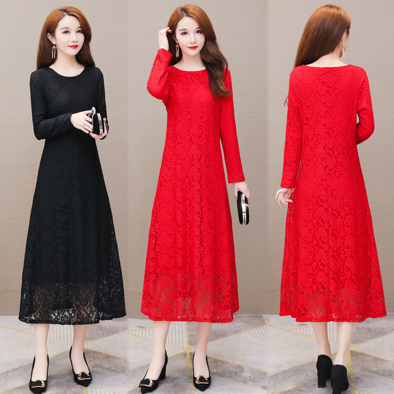 Casual Dresses Spring and Autumn Long-Sleeved Lace Dress Large Size Dress Midi A- Line Dress Woman Dress Vestido De Mujer Femme Robe 230316
