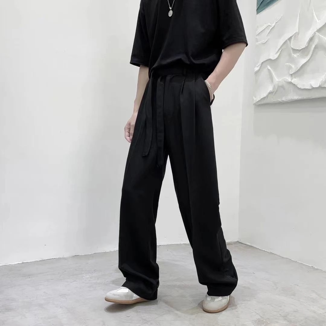 Men's Pants Harajuku Fashion Men's Pants Casual Wide leg Oversize Pants With Belt Korean Style Streetwear Trousers For Men Soild Color White