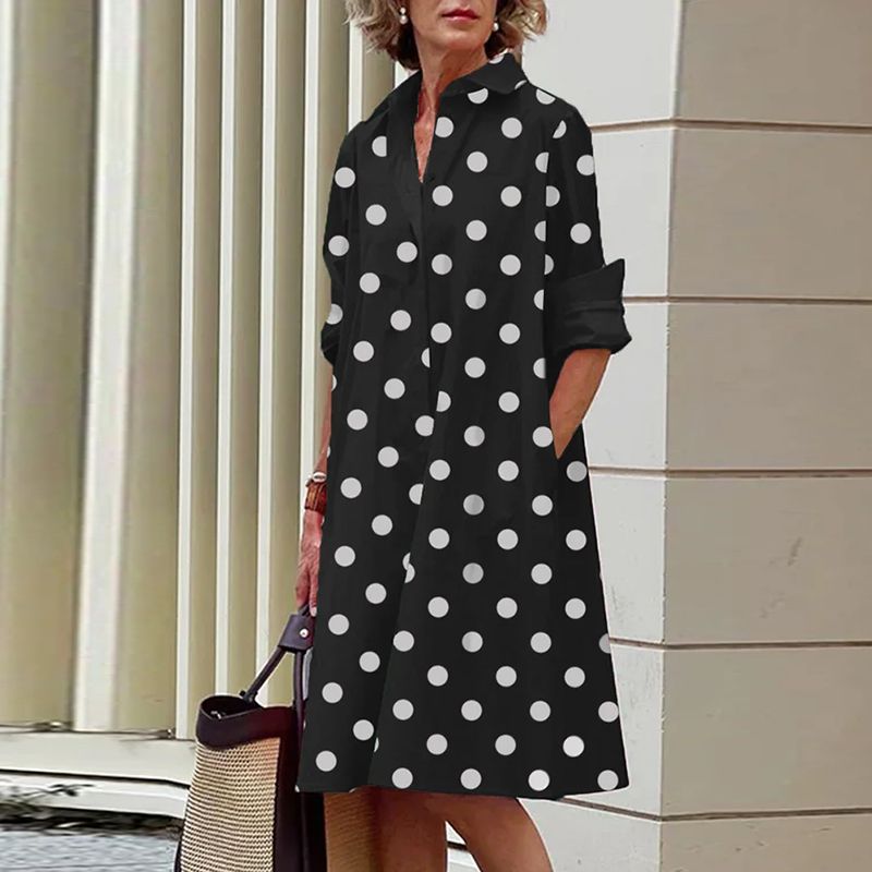 Casual Dresses Women Solid Shirt Dress Summer Fashion Casual Turn-down Collar Pocket Long Sleeve Midi Dresses Female Sexy Dot Dresses Vestidos 230316