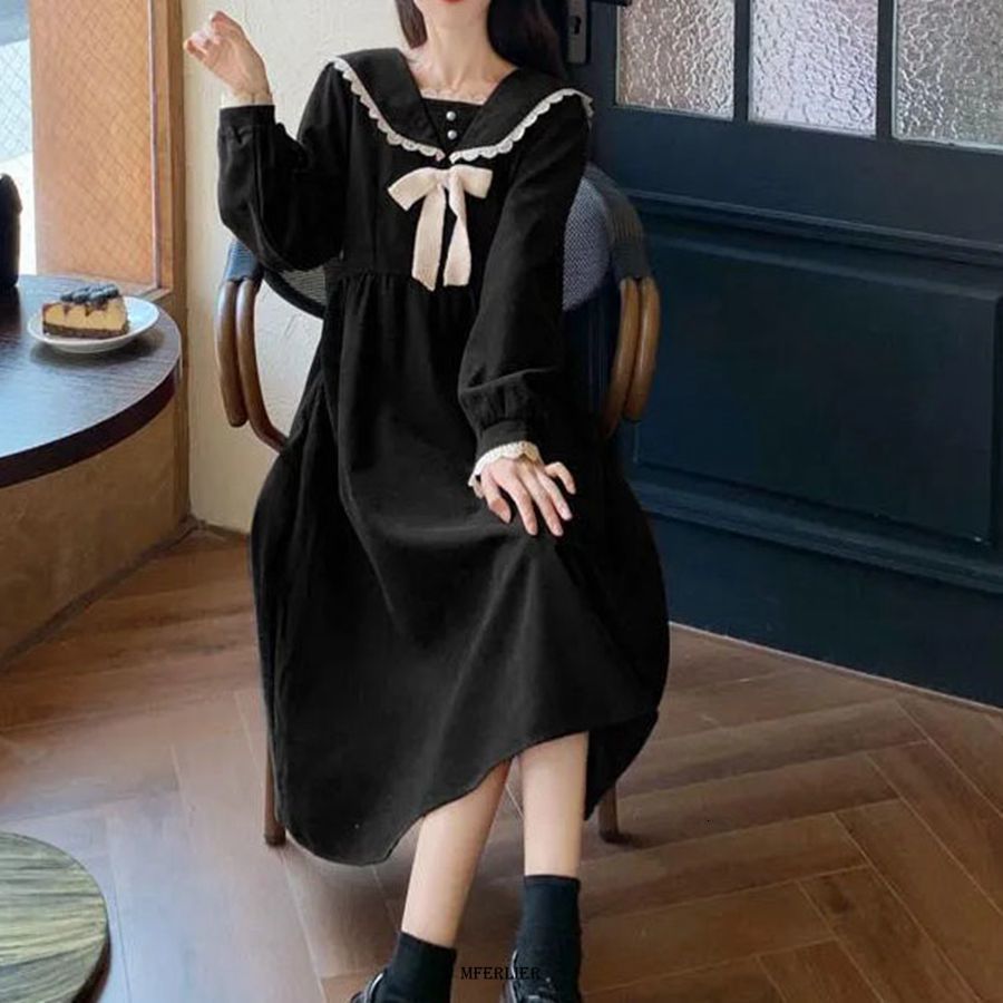 Casual Dresses Size 6XL 150KG Winter Dress For Women Long Sleeve Loose Vintage Dresses Ladies Casual Large Bow Neck Red Black Sweet Dresses 230316