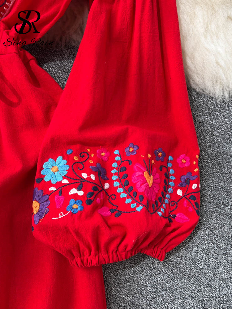 Casual Dresses SINGREINY Embroidary Elegant Women Summer Dress Y2K V Neck Lantern Sleeves Slim Adjustable Waist Ladies A Line Long Dresses 230316