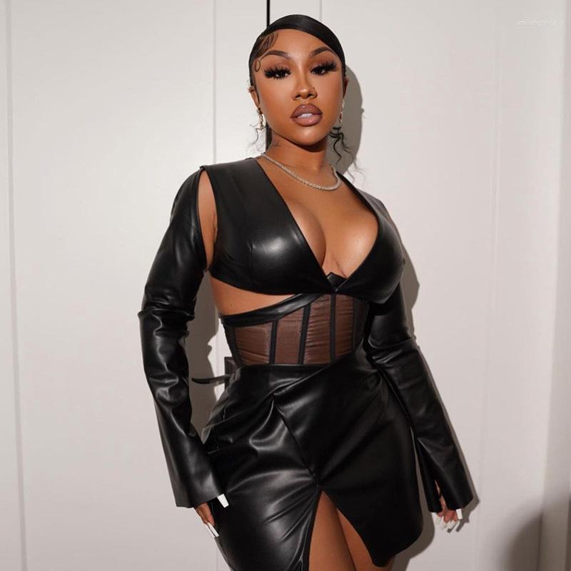 Casual Dresses Fuax Leather PU Mesh Patchwork Women Cutout Shoulder Long Sleeve Tunic Slit Hem Bodycon Dress Sexy V Neck Evening, Black
Casual Dresses Fuax Leather PU Mesh Patchwork Women Cutout Shoulder Long Sleeve Tunic Slit Hem Bodycon Dress Sexy V Neck Evening, Black