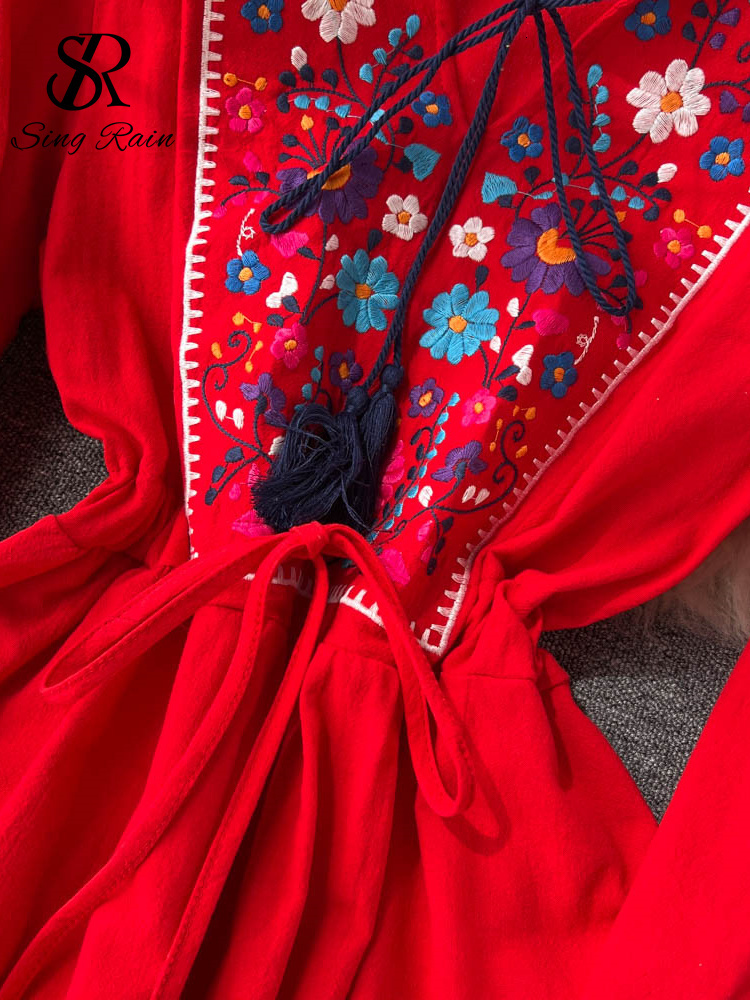 Casual Dresses SINGREINY Embroidary Elegant Women Summer Dress Y2K V Neck Lantern Sleeves Slim Adjustable Waist Ladies A Line Long Dresses 230316