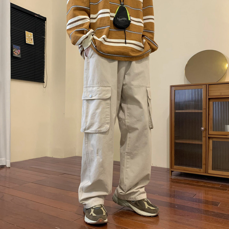 Men's Pants Autumn Cotton Cargo Pants Men Fashion Pocket Casual Pants Men Japanese Streetwear Hip Hop Loose Straight Pants Mens Trousers 230316