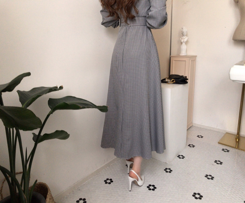 Casual Dresses Korean Chic Temperament Single-breasted Lapel Plaid Dress Sashes Slim High Waist Puff Long Sleeve Vestido Feminino Elegant Fall 230316