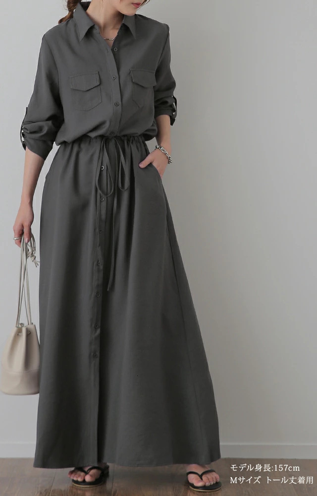 Casual Dresses Chic Solid Color Maxi Shirt Dress Casual Turndown Neck Button Belt Slim Long Dress Ladies Streetwear Women Autumn Clothes 230316