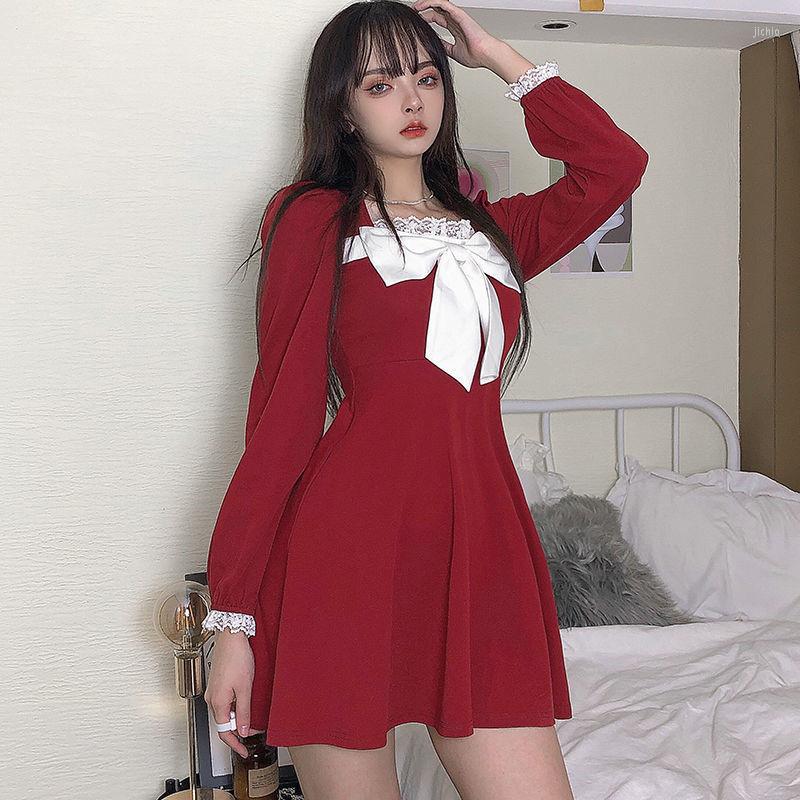 Casual Dresses Women Vintage Long Sleeve Korean Pleated A-line Elegance Sweet Bow Square Collar Lace Patchwork Mini Dress