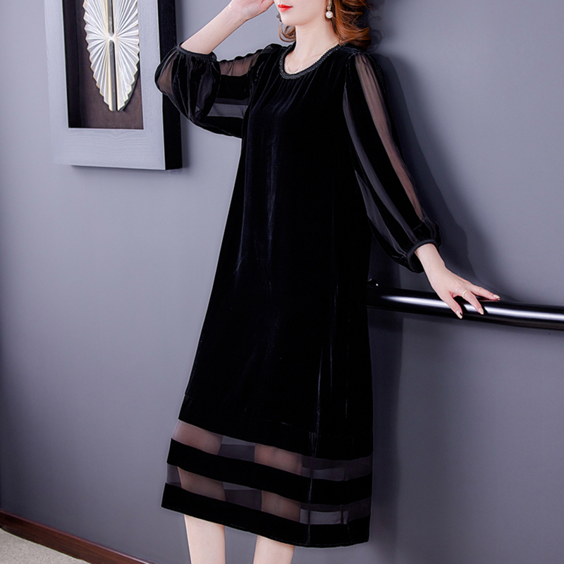 Casual Dresses Female Black Velvet Loose Maxi Dress Autumn Winter Korean Vintage Mesh Patchwork Sexy Dress Elegant Casual Evening Vestidos 230316