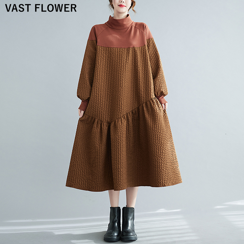Casual Dresses Long Sleeve Patchwork Dresses For Women Stand Collar Loose Casual Vintage Dress Fashion Elegant Clothing Spring Autumn 230316