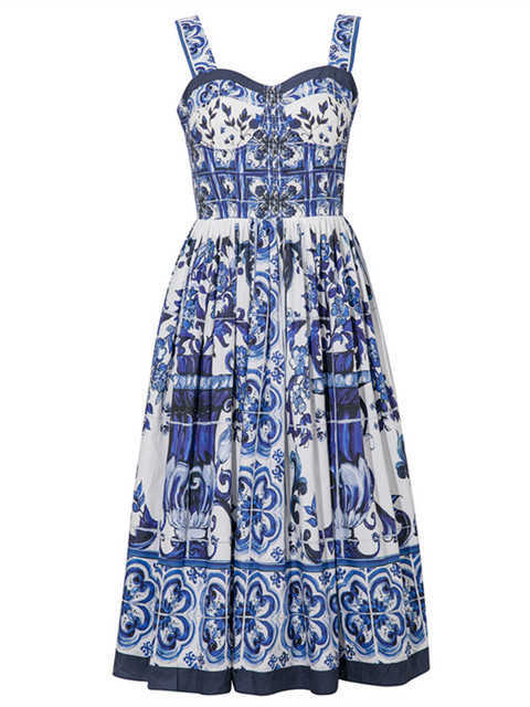 Casual Dresses Summer Hoiday Blue And White Porcelain Flower Printing Cotton Dress Women Spaghetti Strap Zipper Elastic Backless Midi Vestidos W0315
