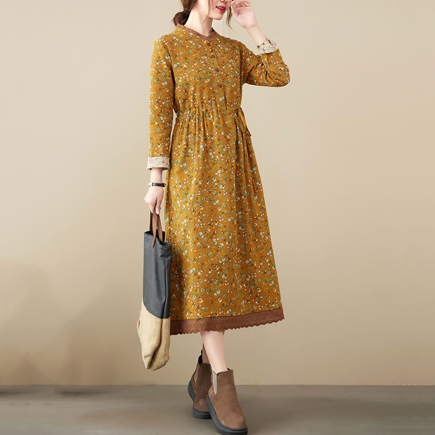 Casual Dresses Cotton Linen Vintage Floral Print Dresses For Women Spring Autumn Long Sleeve Fashion Dress Elegant Vestidos Robe Femme 230316