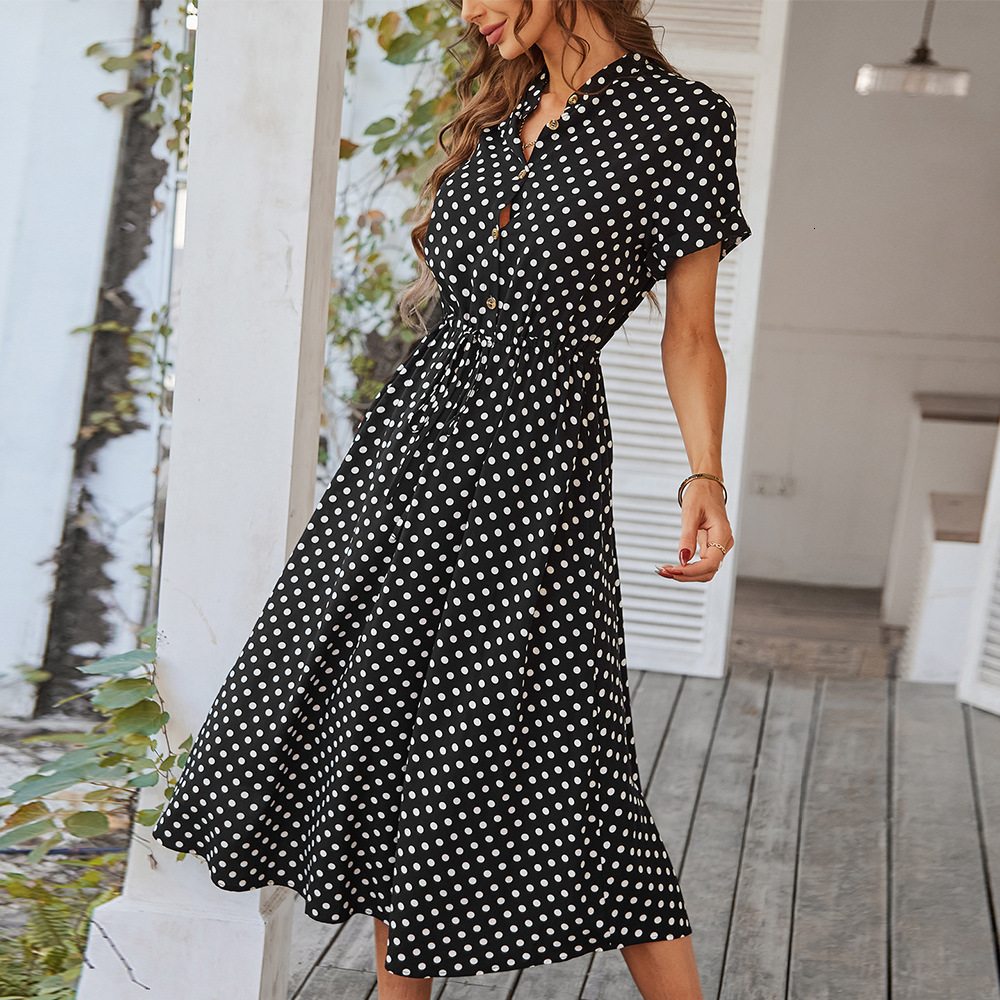 Casual Dresses Ladies Polka Dot Print Shirt Dress Women Casual Midi Holiday Summer Dress Female Loose Women Beach Dress Sundress Robe Vestidos 230316