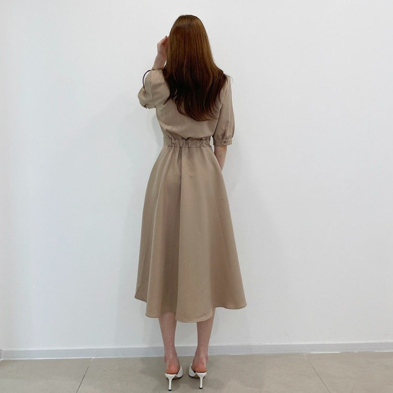 Casual Dresses Short Puff Sleeve Dress Women Patchwork Fashion Turn Down Collar Simple Korean Style Mid-calf Tunic Female All Match Ins 230316