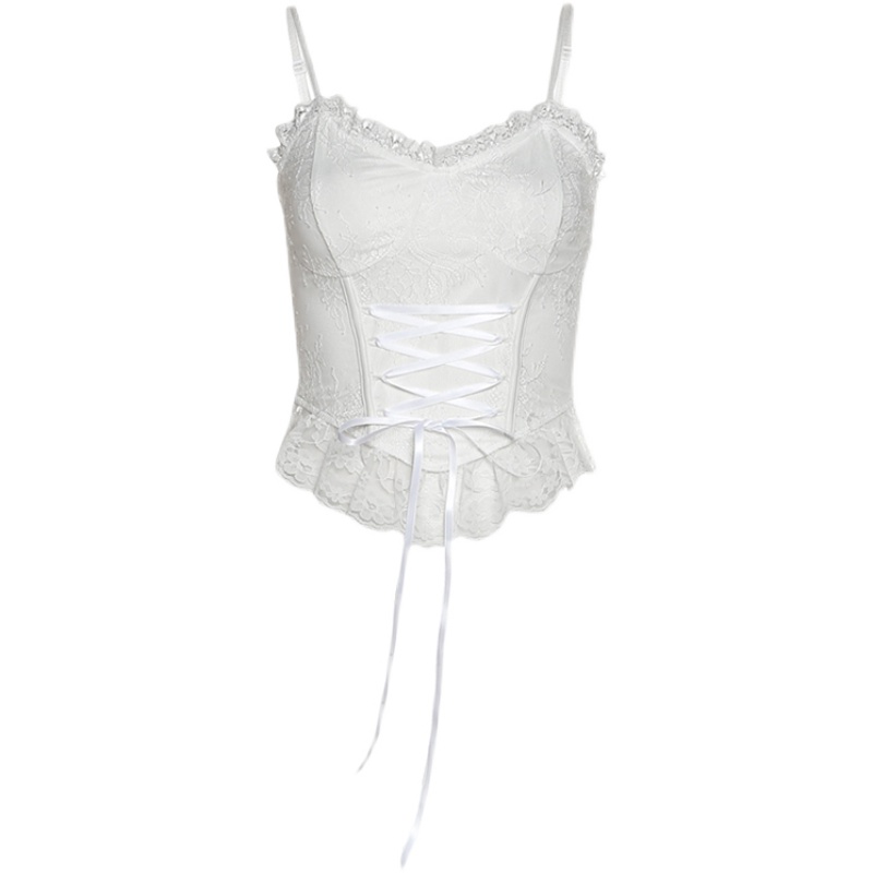 Womens bandage spaghetti strap white lace slim waist bustier tanks camis