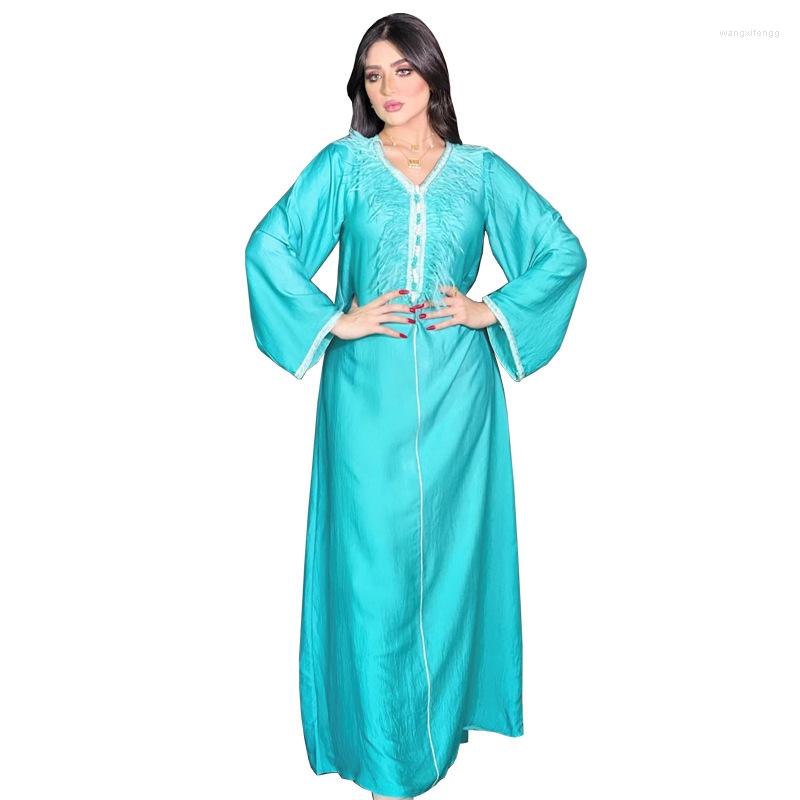 

Ethnic Clothing Arabic Dubai Evening Dresses Abaya Muslim Robes Jalabia Long Sleeves Buttons Feather Patchwork Maxi Gowns Middle Eest